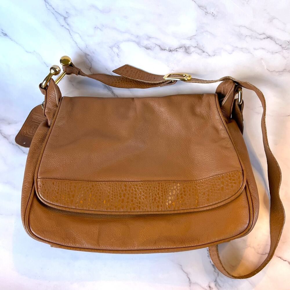 Vintage Toni Genuine Leather Brown Shoulder Bag Crossbody Brass Hardware